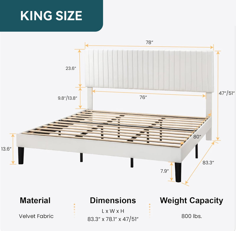 Velvet Upholstered Platform Bed Frame with Vertical Line Tufted Wingback Headboard, Strong Wooden Slats, and No Box Spring Needed