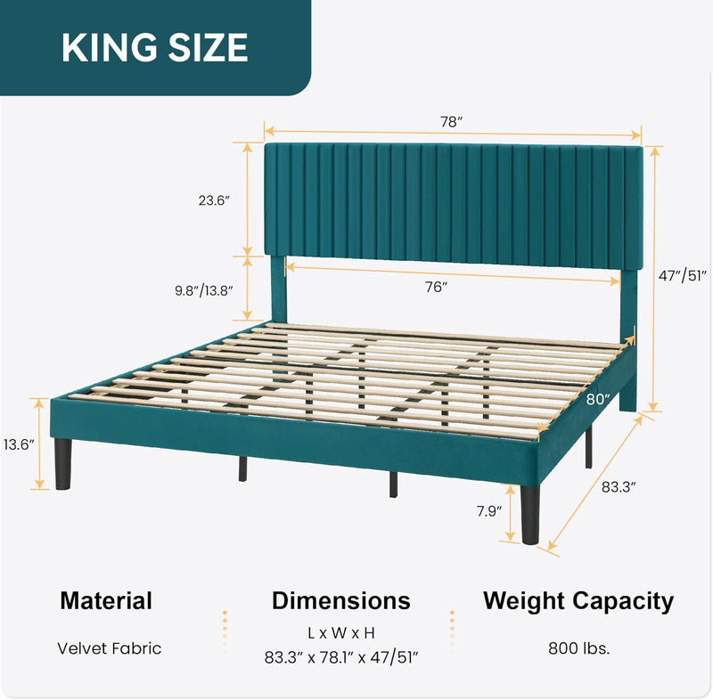 Velvet Upholstered Platform Bed Frame with Vertical Line Tufted Wingback Headboard, Strong Wooden Slats, and No Box Spring Needed