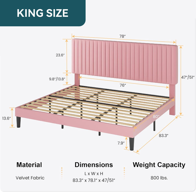 Velvet Upholstered Platform Bed Frame with Vertical Line Tufted Wingback Headboard, Strong Wooden Slats, and No Box Spring Needed