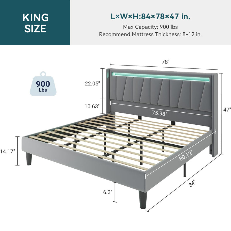 Grey Velvet Upholstered Platform Bed Frame - King Size