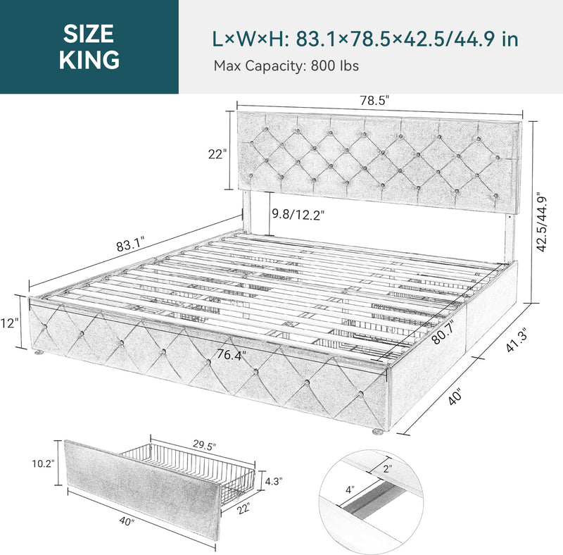 Faux Leather Upholstered Bed Frame with 4 Drawers Storage and Button Headboard