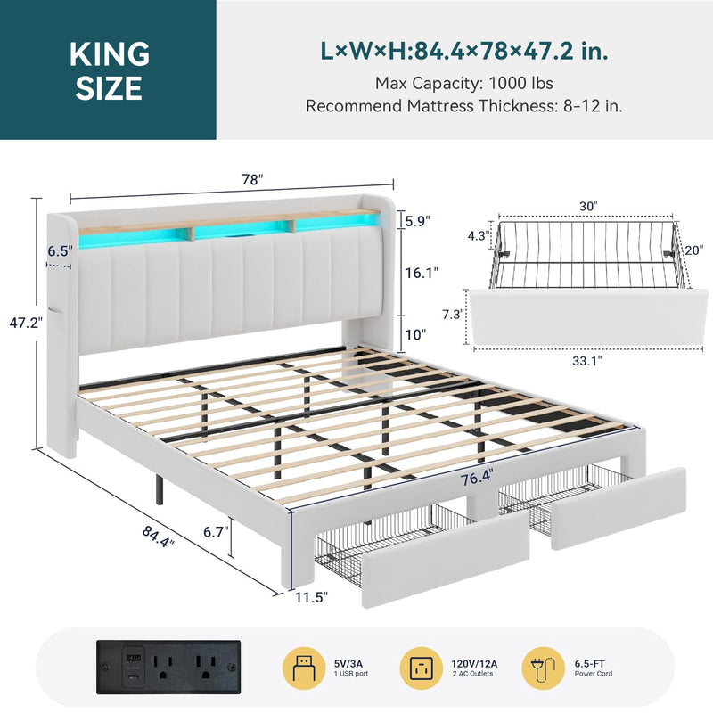 Velvet Upholstered Platform Bed Frame with LED Headboard, Storage Drawers & Charging Ports, No Box Spring Needed