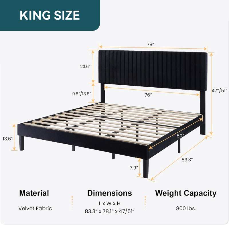 Velvet Upholstered Platform Bed Frame with Vertical Line Tufted Wingback Headboard, Strong Wooden Slats, and No Box Spring Needed