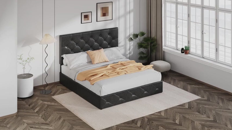 Faux Leather Upholstered Bed Frame with 4 Drawers Storage and Button Headboard