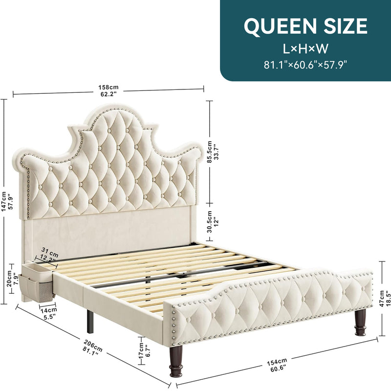 LED Noiseless Bed Frame with 58 inch Tall Tufted Headboard, Small Storage Box, No Box Spring Required