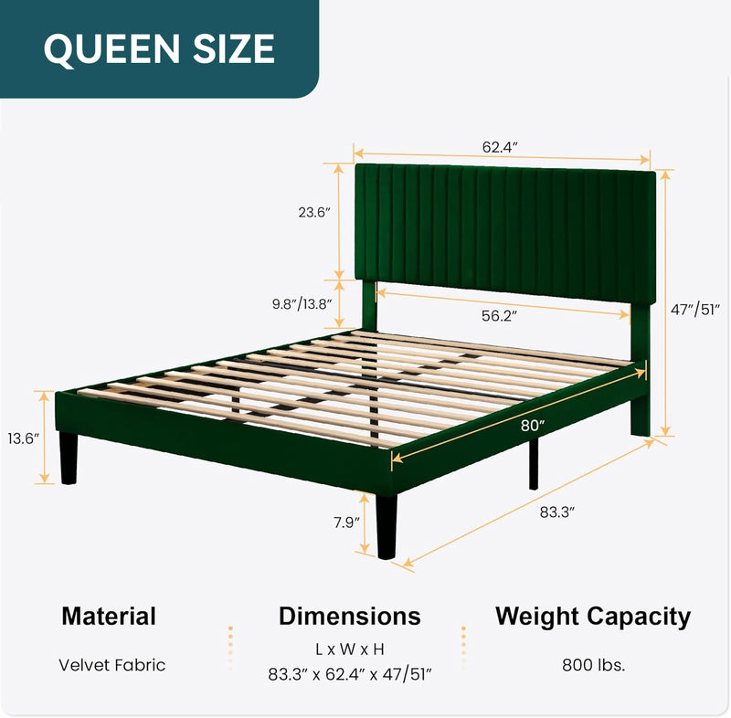 Velvet Upholstered Platform Bed Frame with Vertical Line Tufted Wingback Headboard, Strong Wooden Slats, and No Box Spring Needed