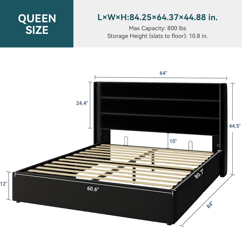 Velvet Lift Up Storage Bed with Modern Wingback Headboard Hydraulic Support, No Box Spring Needed