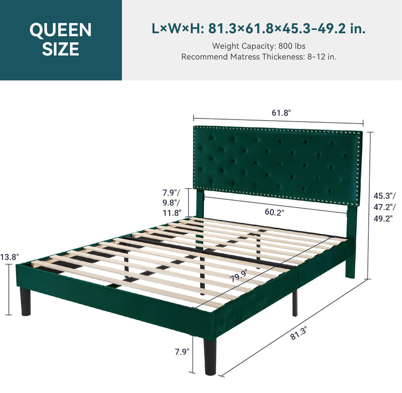 Velvet Upholstered Bed Frame with Adjustable Button Tufted Headboard, Slats Support, No Box Spring Needed