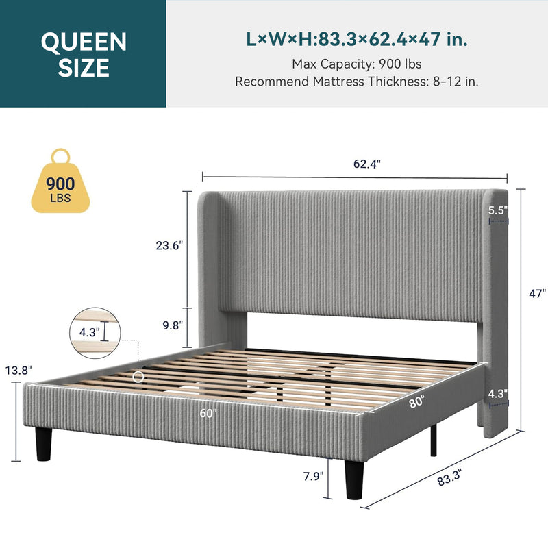 Upholstered Bed Frame in Corduroy Velvet with Wingback Headboard, No Box Spring Needed
