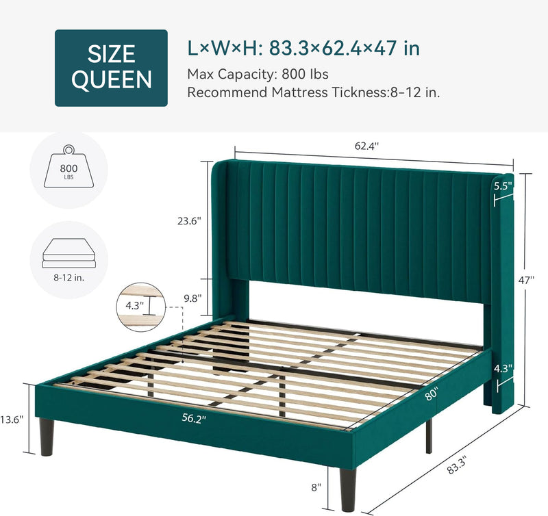 Velvet Upholstered Platform Bed Frame with Vertical Line Tufted Adjustable Headboard