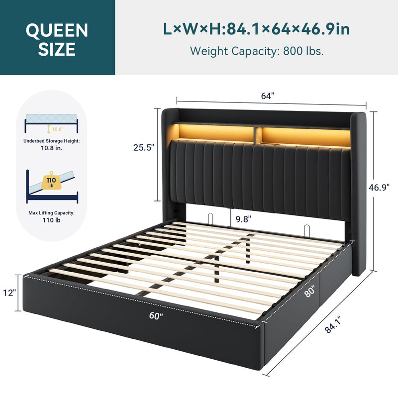 Lift Up Storage Bed Frame with Charging Station & LED Lights, Upholste ...