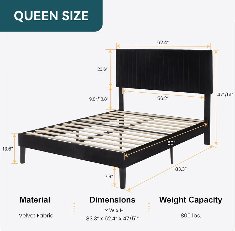 Velvet Upholstered Platform Bed Frame with Vertical Line Tufted Wingback Headboard, Strong Wooden Slats, and No Box Spring Needed