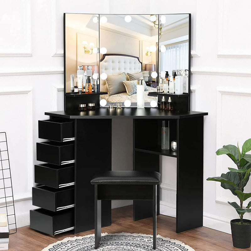 Vanity Desk with Lighting Mirror with 5 Sliding Drawers/Rotating Drawers, Vanity Stool, Shelves, light bulbs Brightness Adjustable