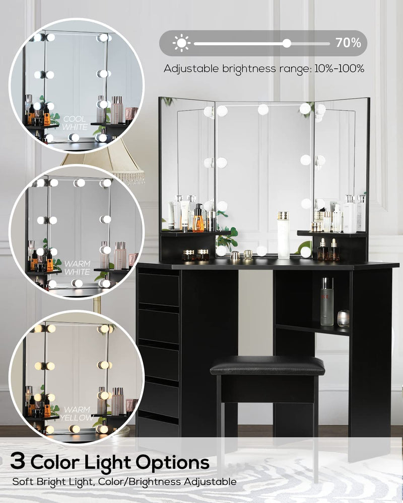 Vanity Desk with Lighting Mirror with 5 Sliding Drawers/Rotating Drawers, Vanity Stool, Shelves, light bulbs Brightness Adjustable