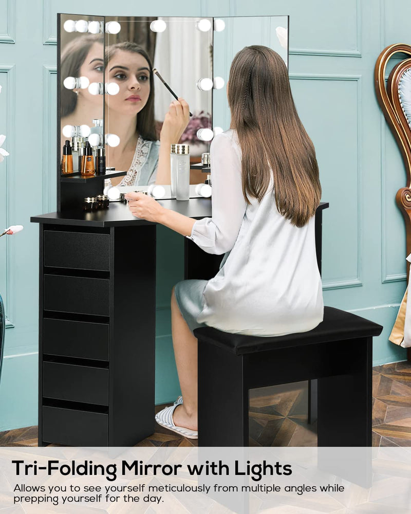 Vanity Desk with Lighting Mirror with 5 Sliding Drawers/Rotating Drawers, Vanity Stool, Shelves, light bulbs Brightness Adjustable