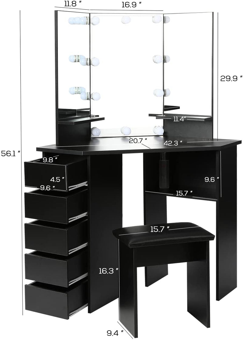 Vanity Desk with Lighting Mirror with 5 Sliding Drawers/Rotating Drawers, Vanity Stool, Shelves, light bulbs Brightness Adjustable
