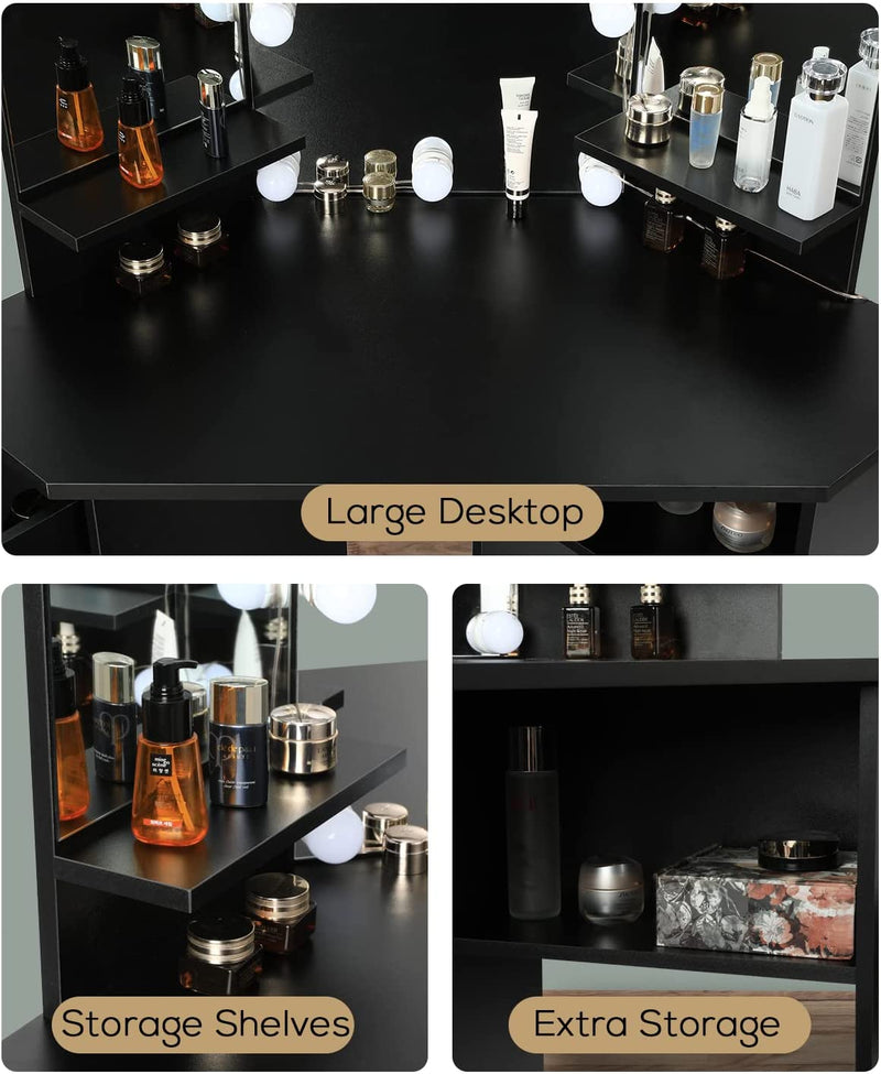 Vanity Desk with Lighting Mirror with 5 Sliding Drawers/Rotating Drawers, Vanity Stool, Shelves, light bulbs Brightness Adjustable