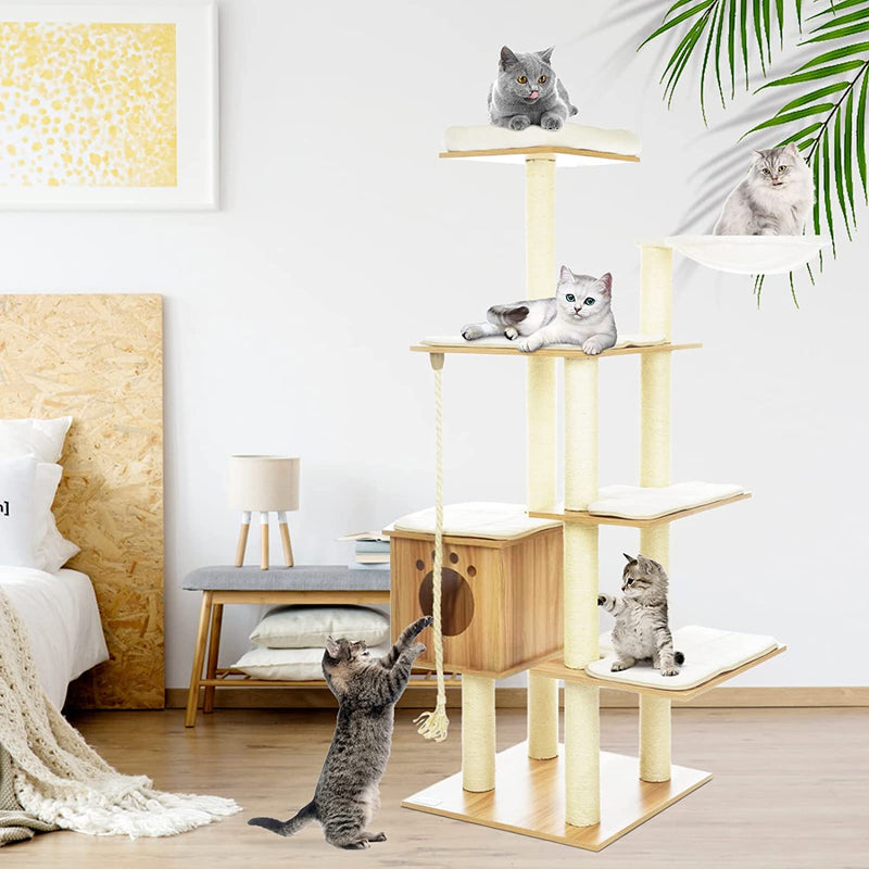 69-Inch Cat Tree Tower for Indoor Cats, Wood Multi-Level Cat Climbing Stand Cat Activities House