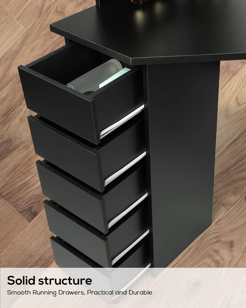 Vanity Desk with Lighting Mirror with 5 Sliding Drawers/Rotating Drawers, Vanity Stool, Shelves, light bulbs Brightness Adjustable