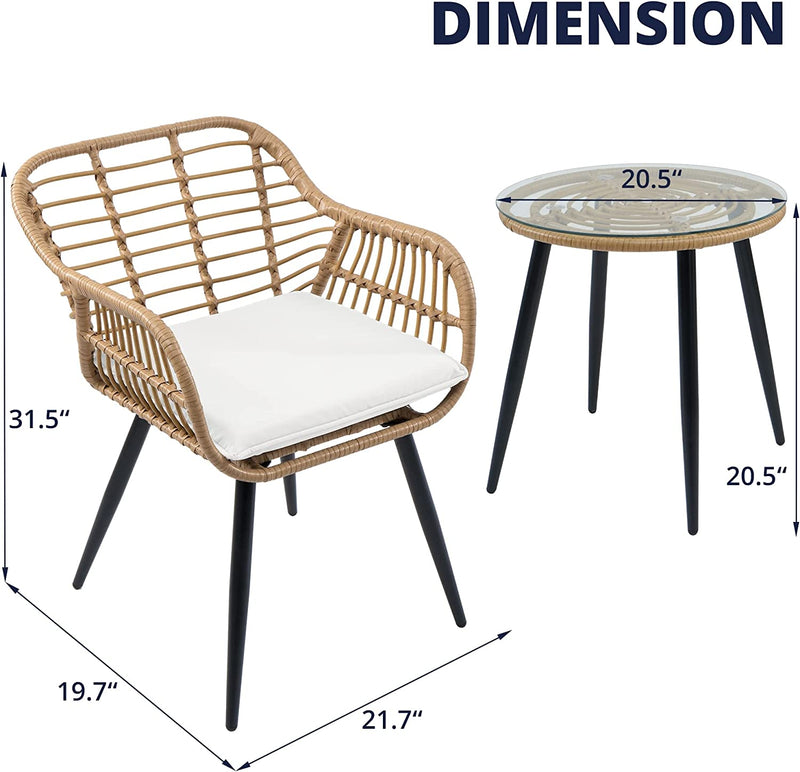 Cozy Castle 3-Piece Conversation Set, Bohemian Wicker Bistro Table and Chairs, Outdoor Patio Set for Porch, Balcony & Backyard, W/White Seat Cushions