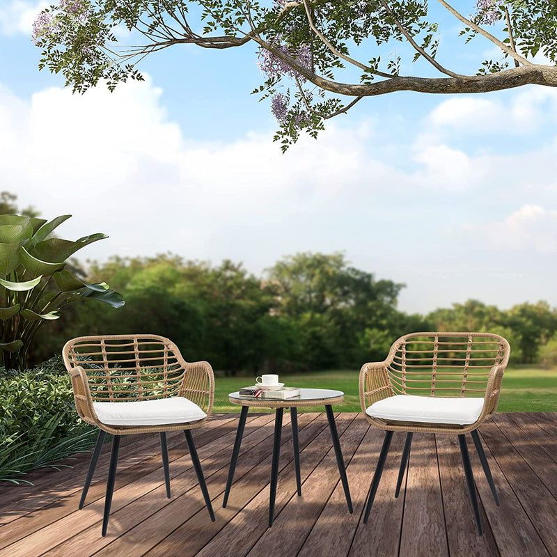 Cozy Castle 3-Piece Conversation Set, Bohemian Wicker Bistro Table and Chairs, Outdoor Patio Set for Porch, Balcony & Backyard, W/White Seat Cushions