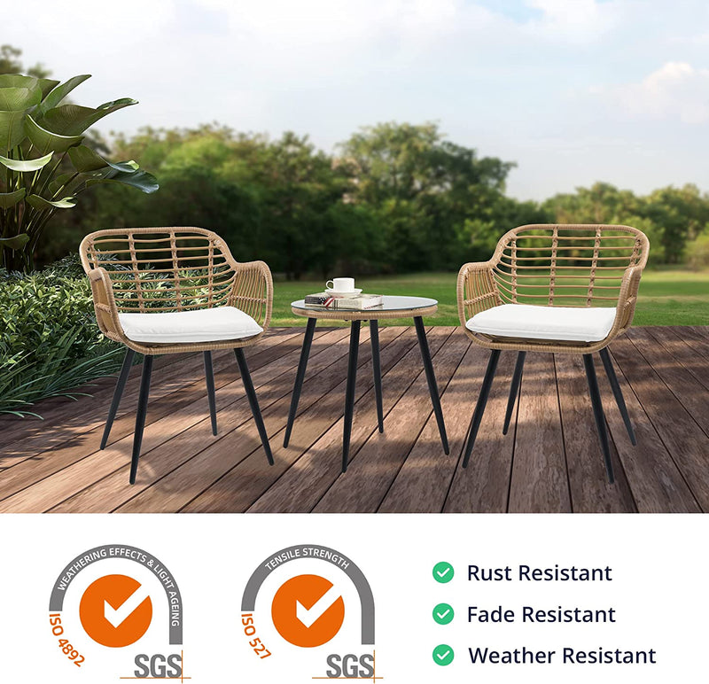 Cozy Castle 3-Piece Conversation Set, Bohemian Wicker Bistro Table and Chairs, Outdoor Patio Set for Porch, Balcony & Backyard, W/White Seat Cushions