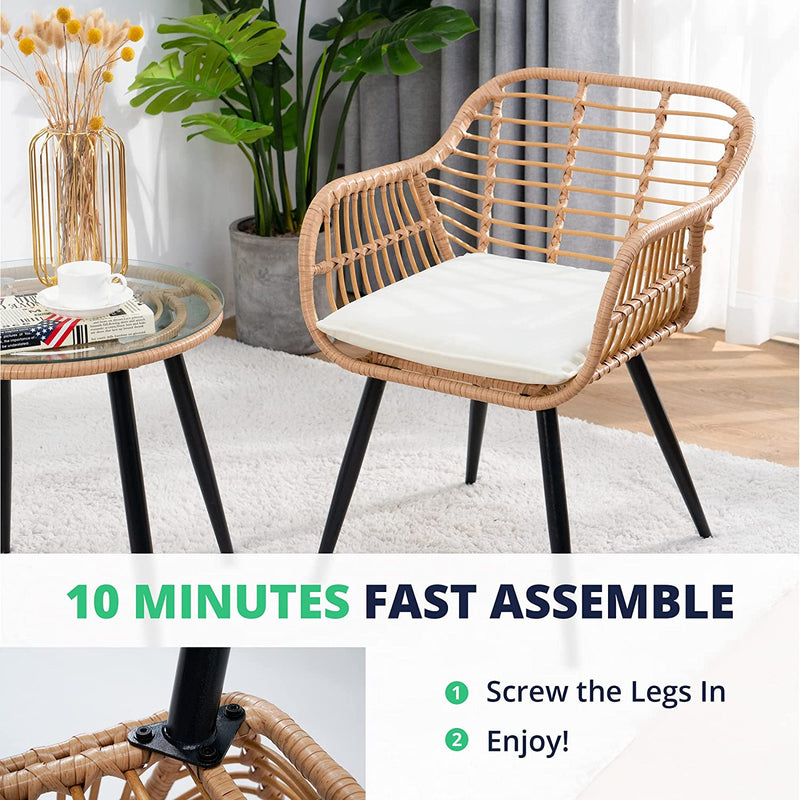 Cozy Castle 3-Piece Conversation Set, Bohemian Wicker Bistro Table and Chairs, Outdoor Patio Set for Porch, Balcony & Backyard, W/White Seat Cushions