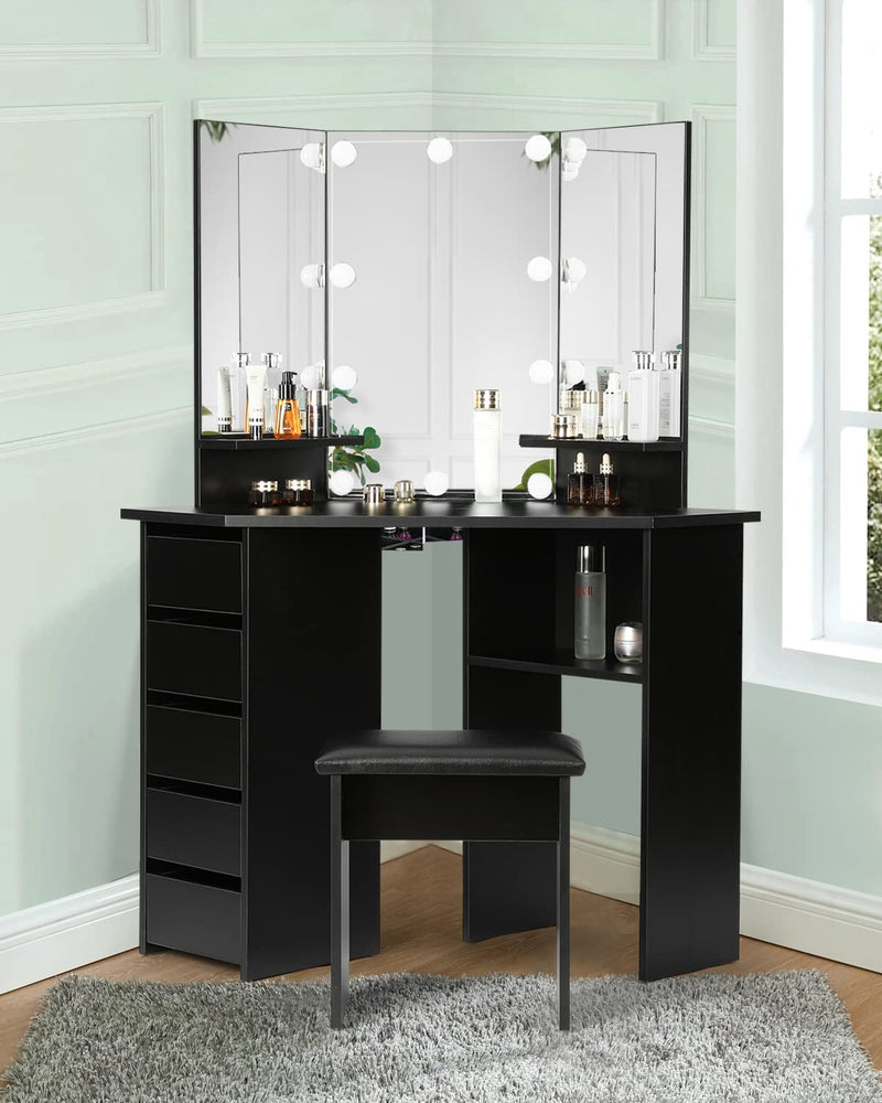 Vanity Desk with Lighting Mirror with 5 Sliding Drawers/Rotating Drawers, Vanity Stool, Shelves, light bulbs Brightness Adjustable