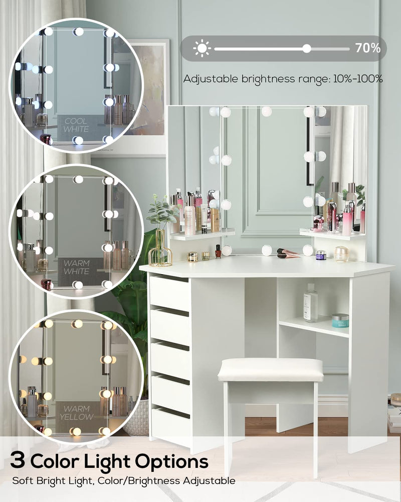 Vanity Desk with Lighting Mirror with 5 Sliding Drawers/Rotating Drawers, Vanity Stool, Shelves, light bulbs Brightness Adjustable