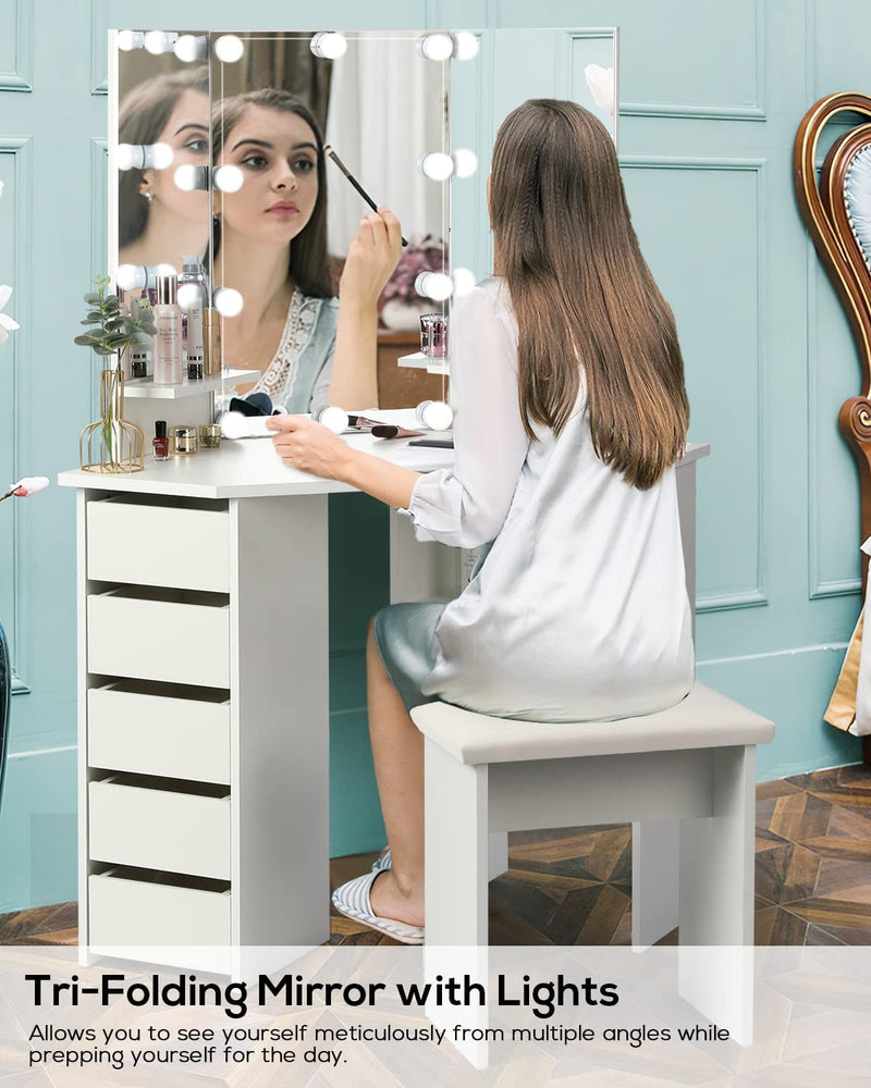 Vanity Desk with Lighting Mirror with 5 Sliding Drawers/Rotating Drawers, Vanity Stool, Shelves, light bulbs Brightness Adjustable