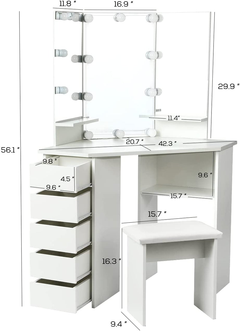 Vanity Desk with Lighting Mirror with 5 Sliding Drawers/Rotating Drawers, Vanity Stool, Shelves, light bulbs Brightness Adjustable