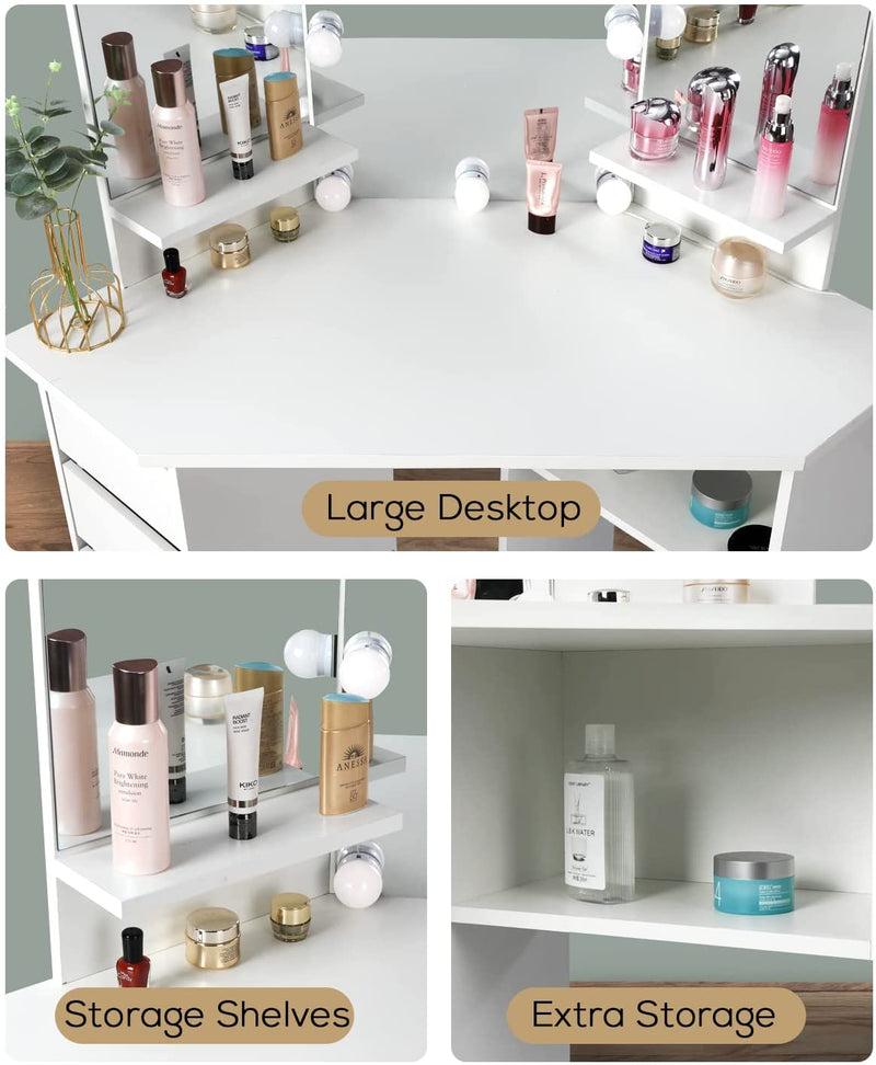 Vanity Desk with Lighting Mirror with 5 Sliding Drawers/Rotating Drawers, Vanity Stool, Shelves, light bulbs Brightness Adjustable
