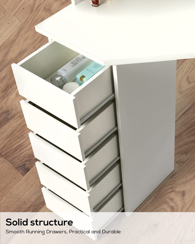 Vanity Desk with Lighting Mirror with 5 Sliding Drawers/Rotating Drawers, Vanity Stool, Shelves, light bulbs Brightness Adjustable