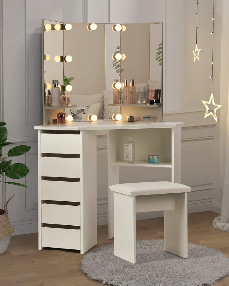 Vanity Desk with Lighting Mirror with 5 Sliding Drawers/Rotating Drawers, Vanity Stool, Shelves, light bulbs Brightness Adjustable